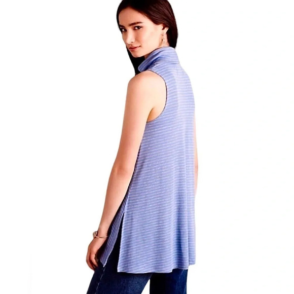 ANTHROPOLOGIE PUELLA BLUE & GRAY STRIPED MOCK NECK SLEEVELESS TUNIC TOP MEDIUM - Picture 8 of 8